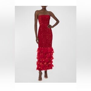 Helsi XS strapless red sequin and feather formal gown.